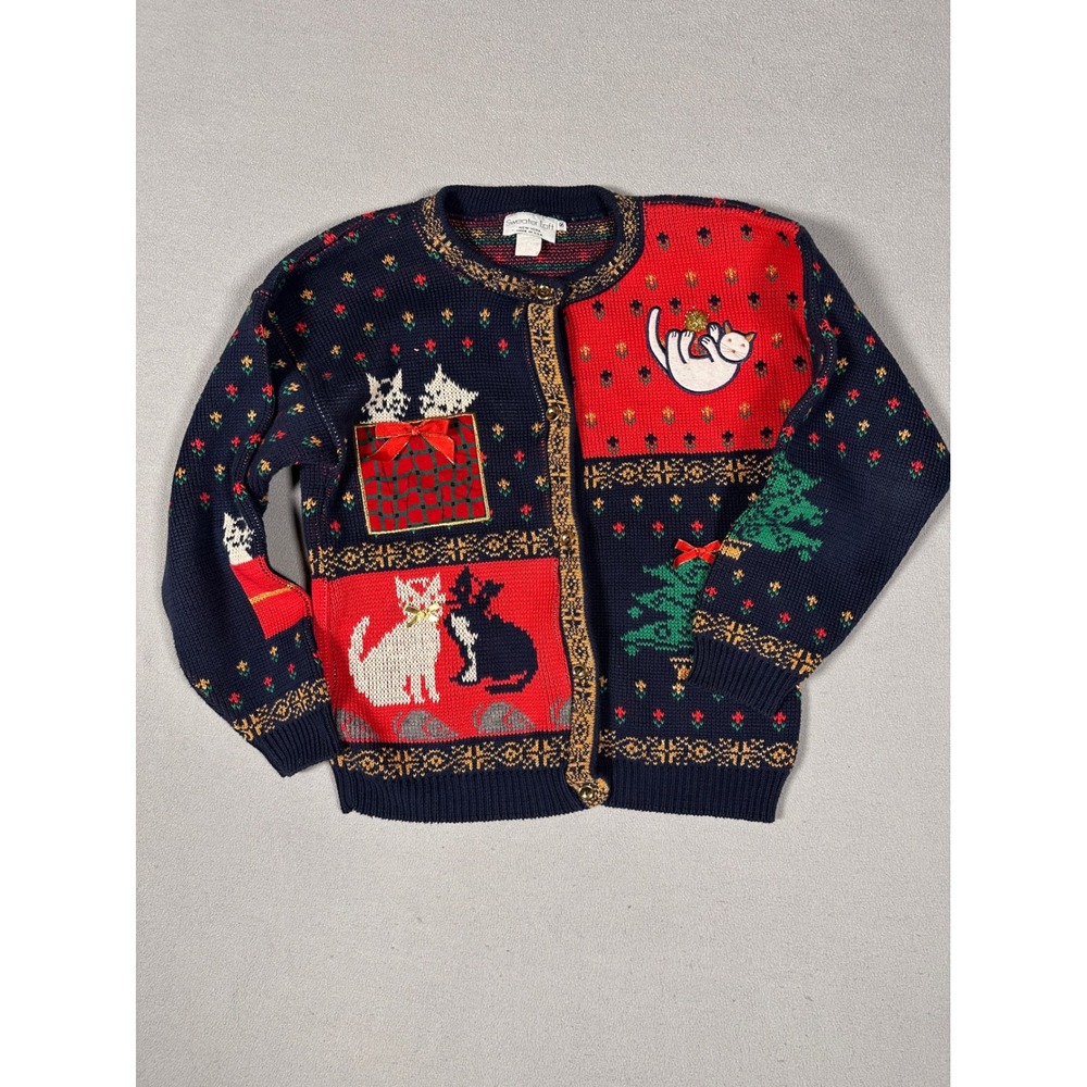 Vtg Sweater Cardigan Womens S Grandma Christmas Cat Knit Cotton Gold Holiday